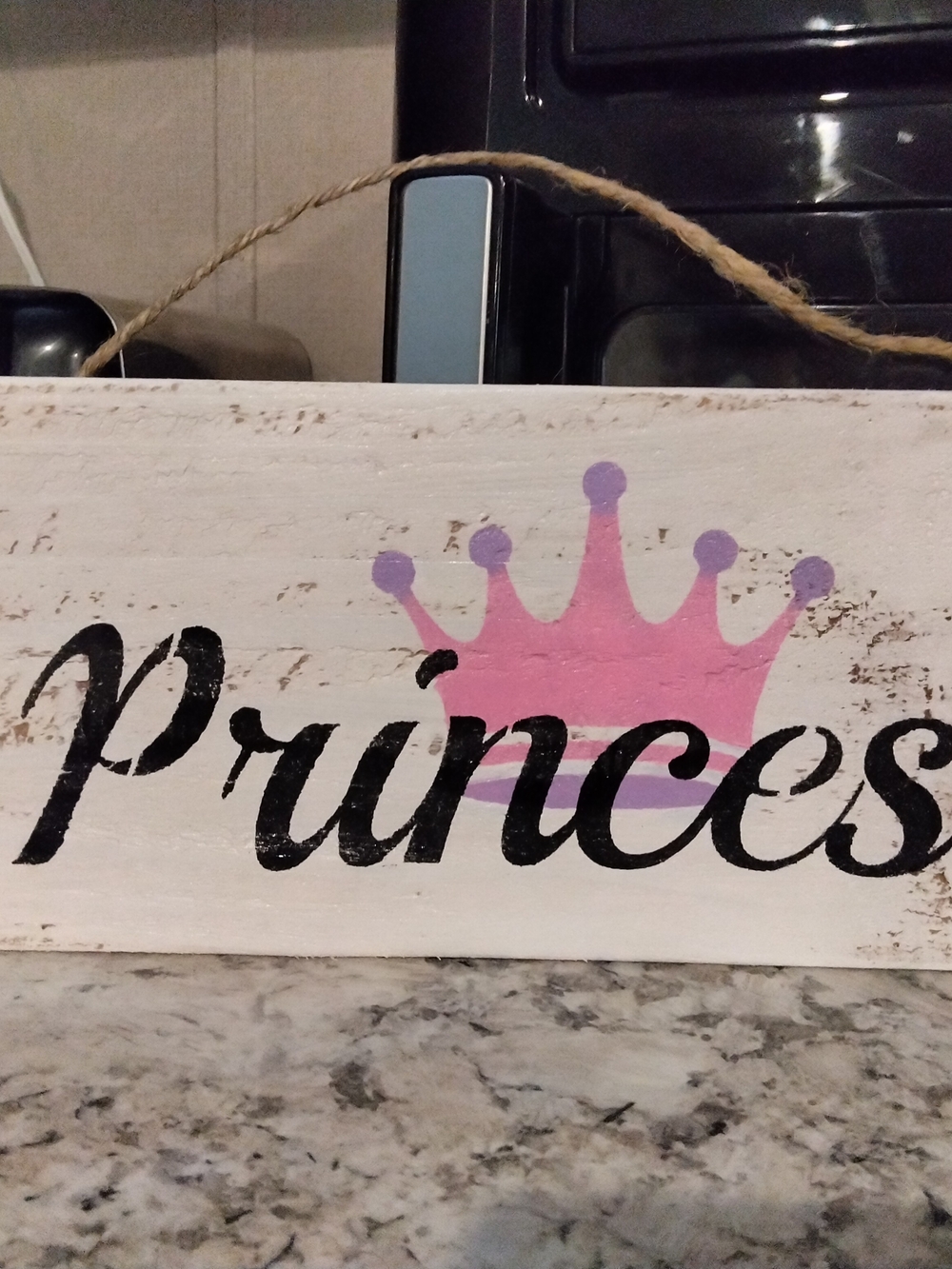 Handmade Wood Hanging Sign "Princess" Pink Crown White/Black/Purple 12"X5.5"